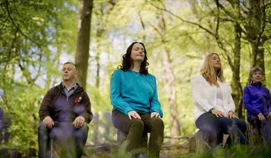 Four attendees to Xhale Mindfulness meditating in the forest.