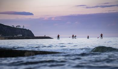 Group of friends trying out paddle boarding in the open water with Blackhead Lighthouse in background