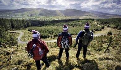 Three hikers standing on a grass hill overlooking mountains and trees