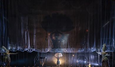 A transparent curtain rises on a dark set, with a smoky spotlight highlighting the shadow of a showgirl with a huge feather headdress walking centrall