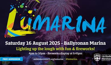 Bright coloured flyer promoting Lumarina event with fireworks in background
