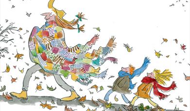 © Quentin Blake 2023. All rights reserved. Quentin Blake illustration of a man in a colourful coat and two children walking through autumn leaves.