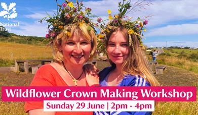 Mother and daughter wearing colourful wildflower crowns in a wildflower meadow close to the Giant's Causeway