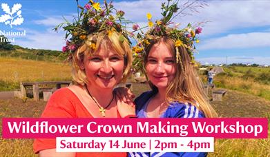 A mother and daughter wearing colourful, vibrant wildflower crowns
