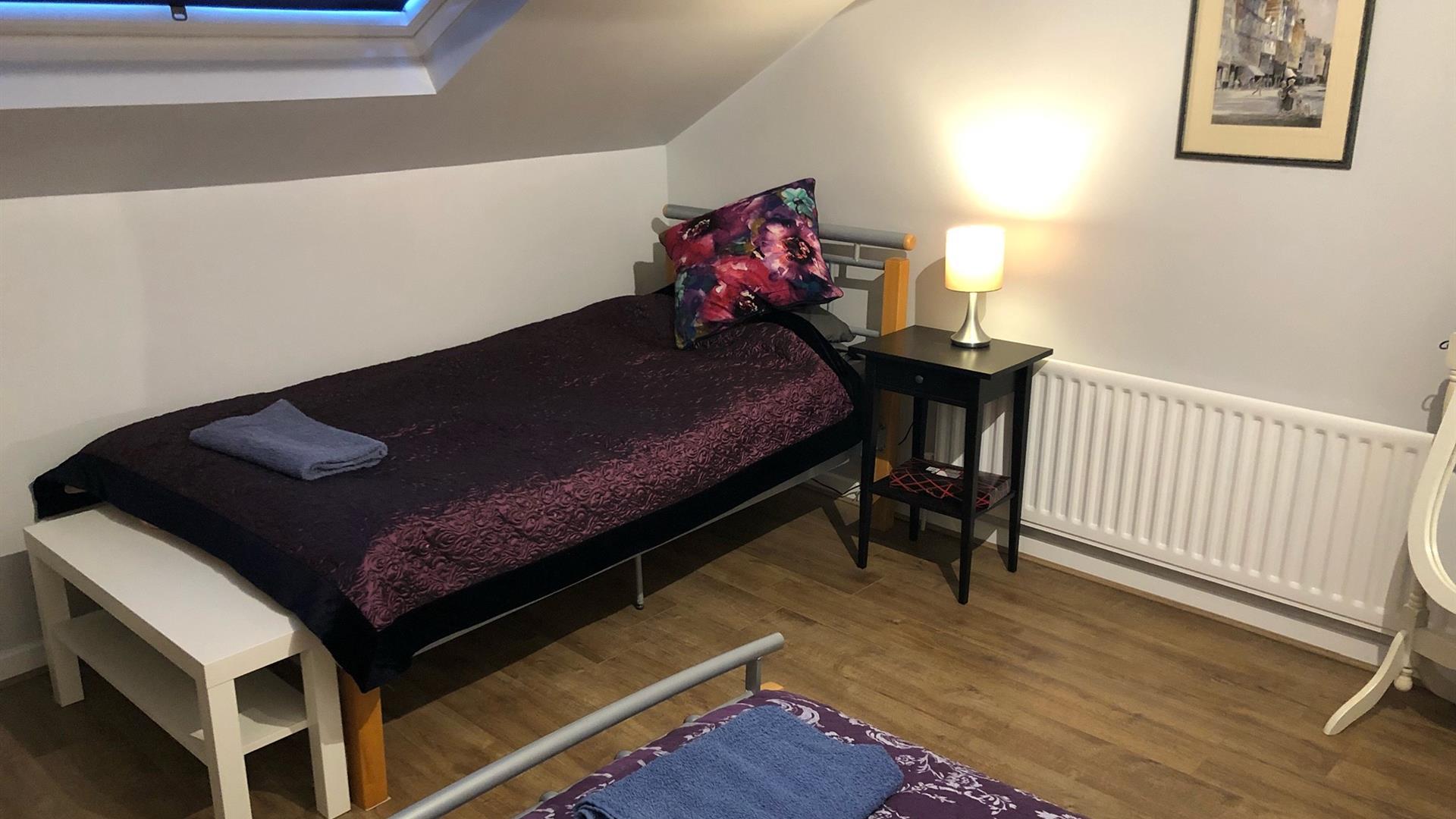 Bedroom with a purple bed, bedside table with lamp and picture on the wall.