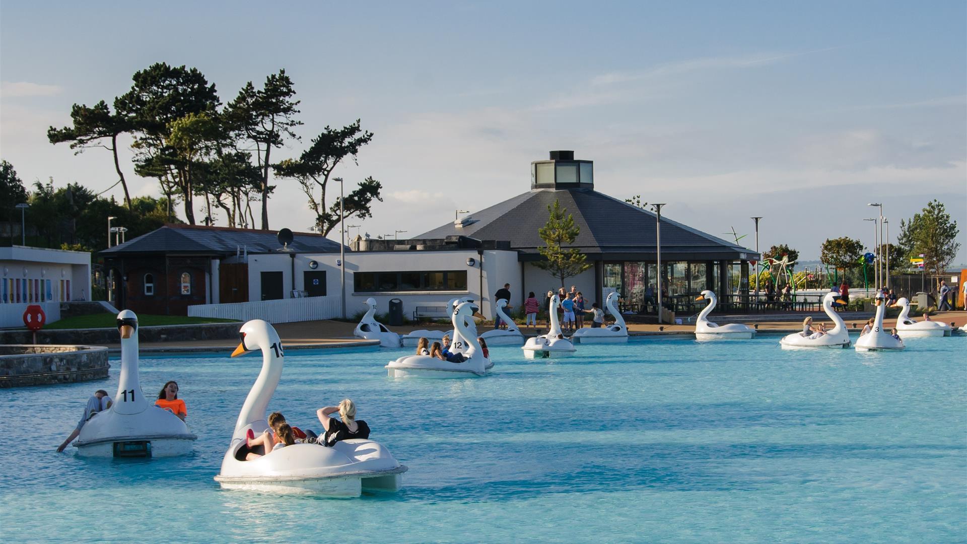 Photo of people enjoying rides on the Giant Swans pedal boats on the blue waters of the man made pond at Pickie Funpark