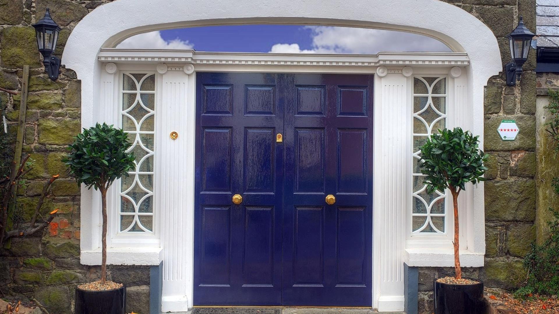 Large blue double doors decorated with lamps and potted trees.