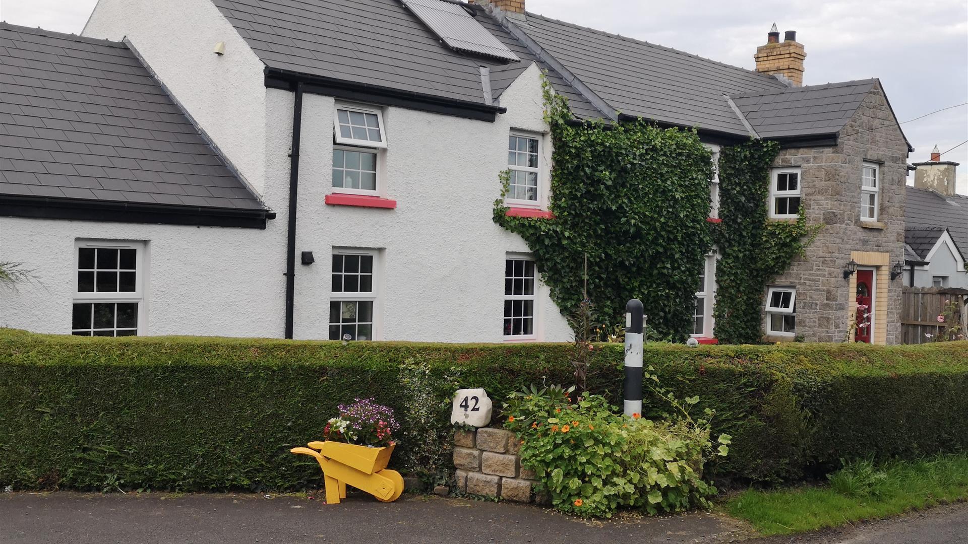 A roadside view of a two-story house covered in decorative ivy.