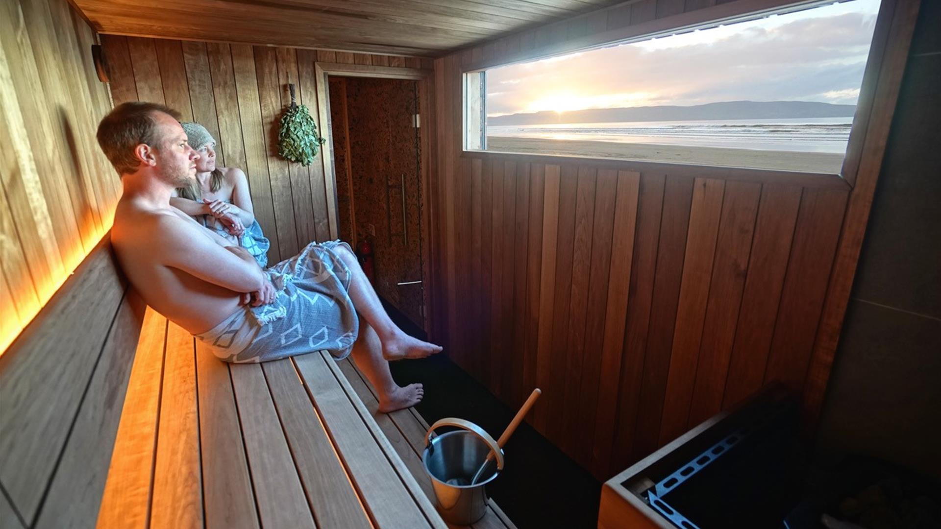 Couple enjoying a sauna