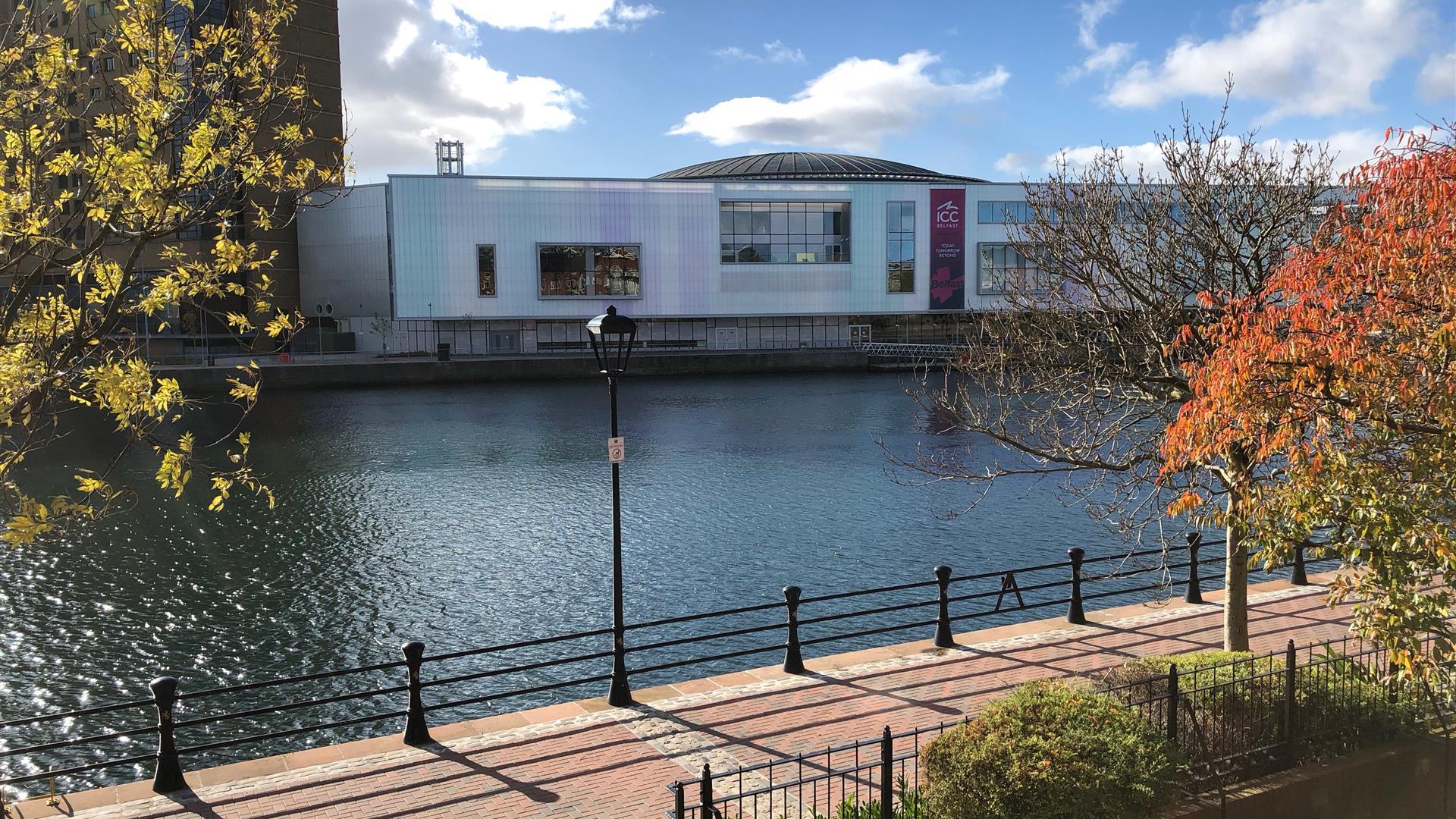 A view of the waterfront hall from across the River Lagan taken from an apartment window.