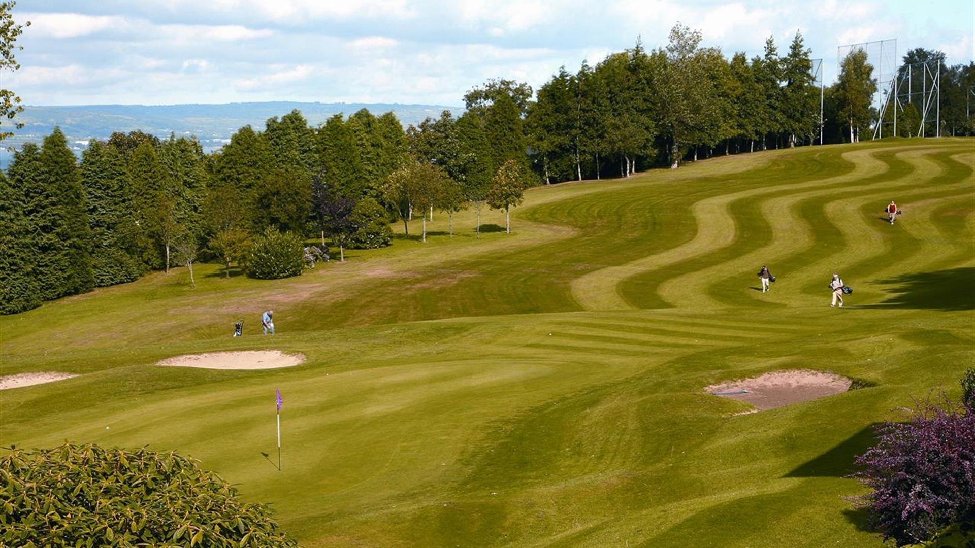 Golfers on the green with woodland and coast in background