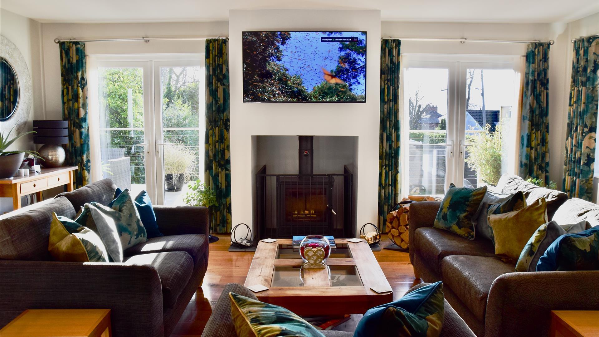 Modern living room with wood burning stove