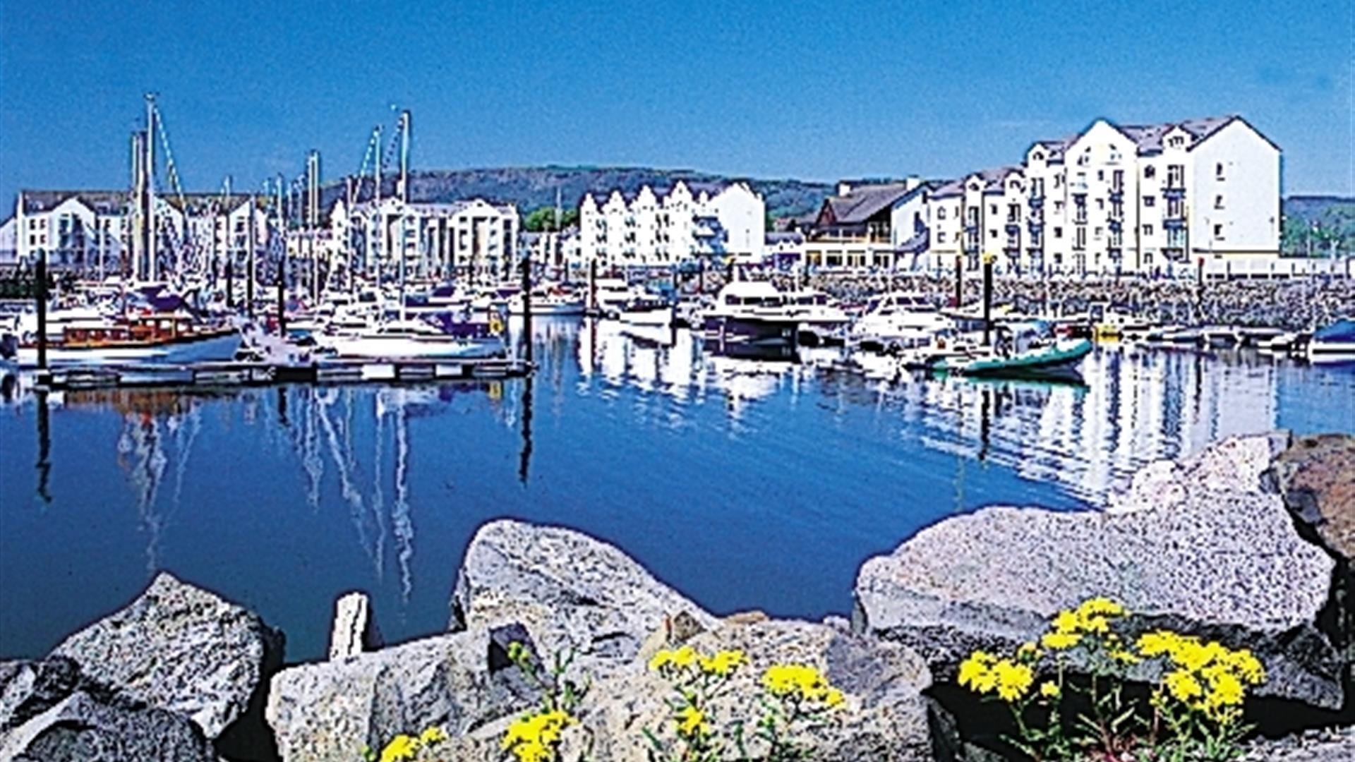 The modern Carrickfergus Marina with boats docked and the historic Carrickfergus Castle visible in the background, Northern Ireland.