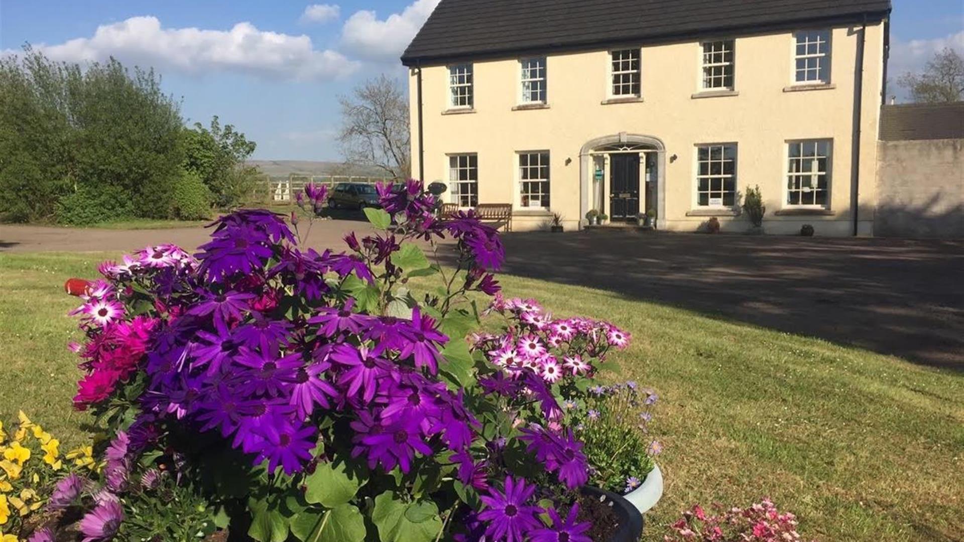 The exterior of the Rocks Bed and Breakfast, showing the garden and front of this traditional farm house.