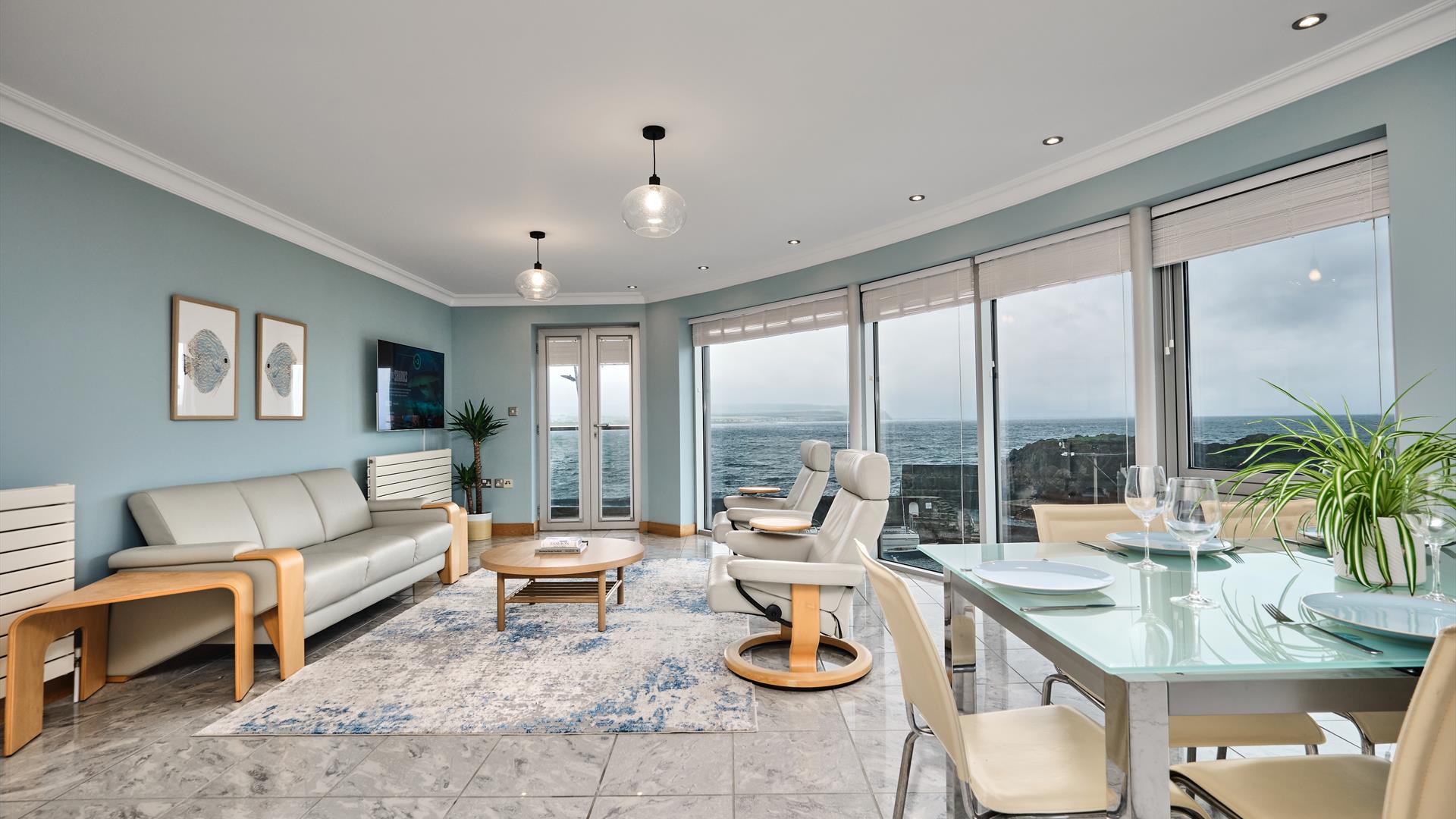 Picture of open plan kitchen diner looking out to Portstewart Harbour and the sea