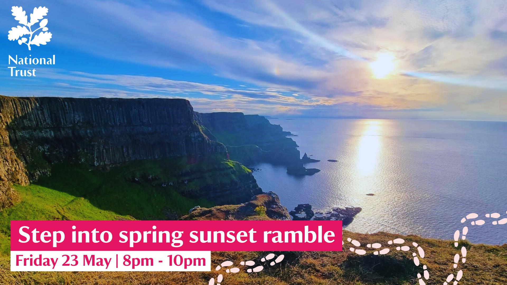 Picture taken from the Causeway cliffs at the beginning of  sunset. In the bottom right hand corner in white and pink writing, it states 'Step into sp