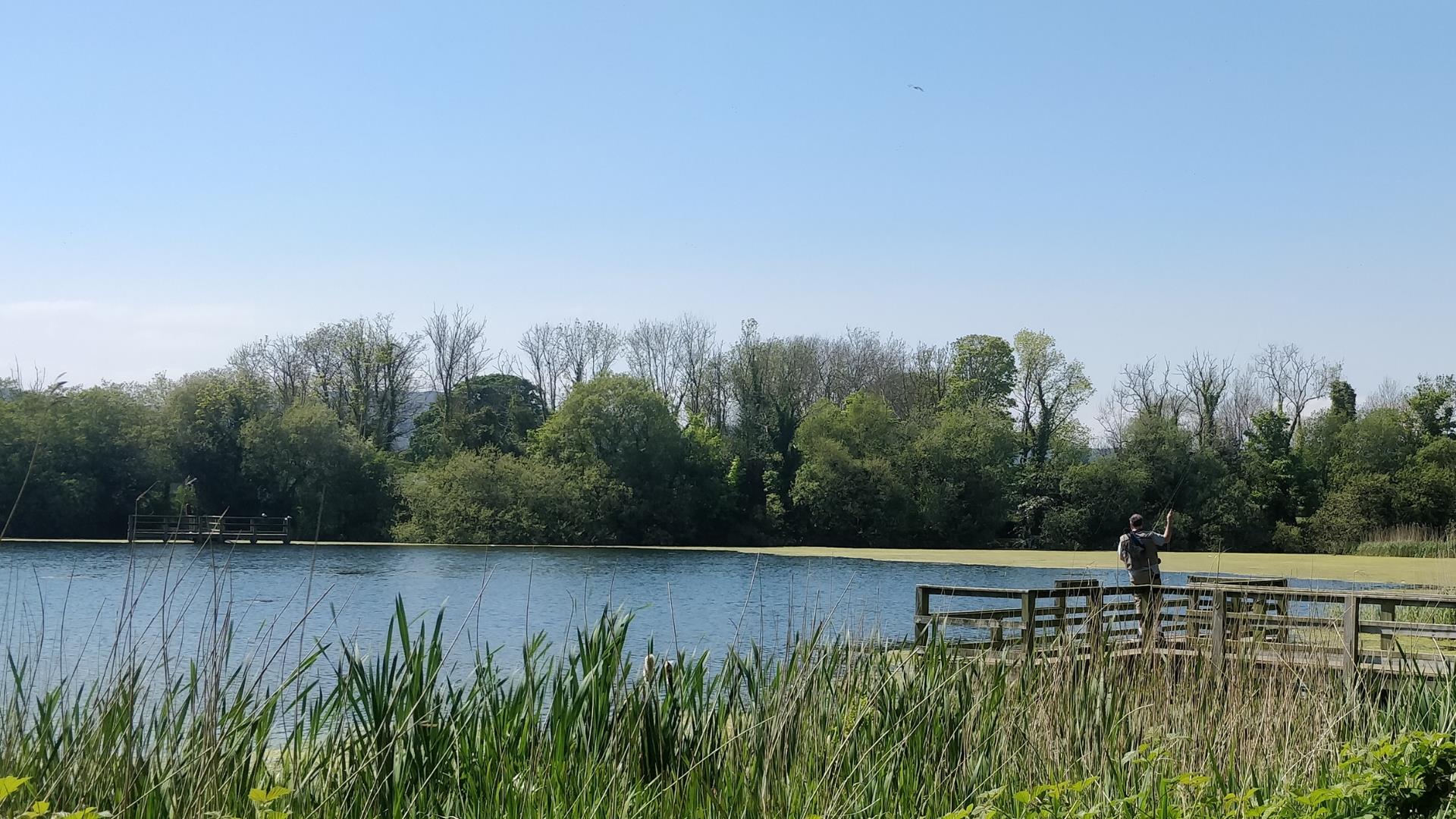 A fisherman casting his fishing line at Donaghaguy Waterworks.