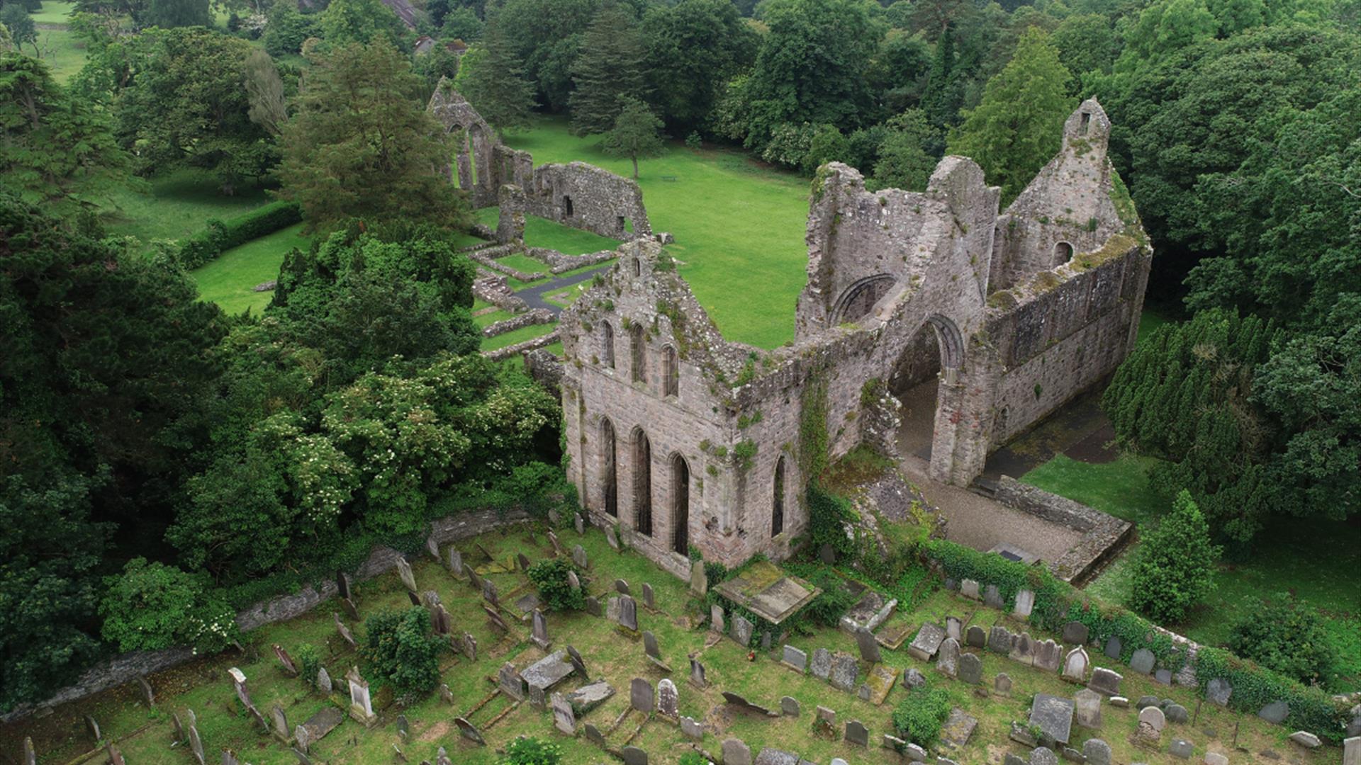 Grey Abbey ruins and graveyard from a birds eye view