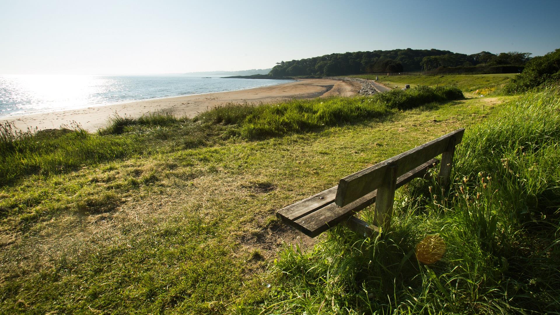 An image of Helen's Bay beach from the shore with a bench ready to welcome someone to sit