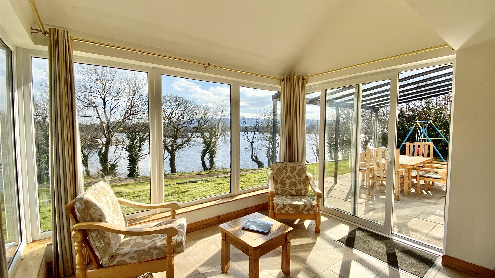 View of a sunroom at Shamrock Cottage, which overlooks Lough Erne, Co. Fermanagh, Northern Ireland.