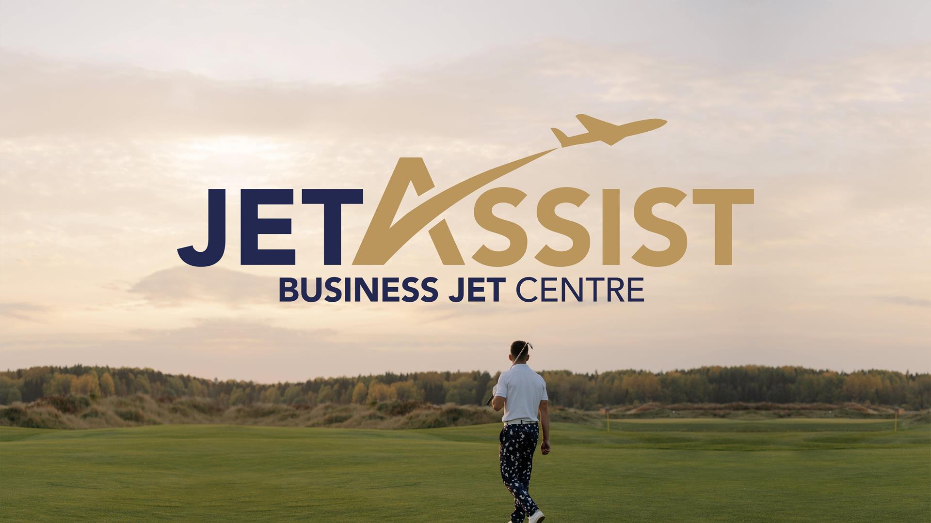 Jet Assist Logo on golf course background with person holding golf club