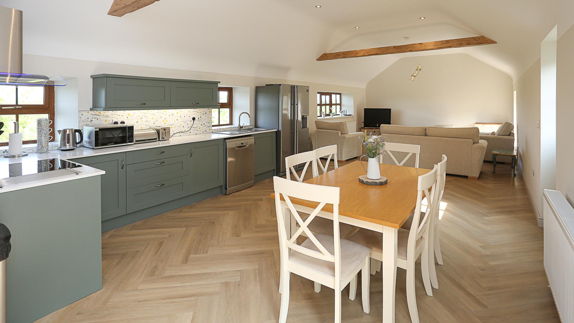 Open plan kitchen, living and dining area