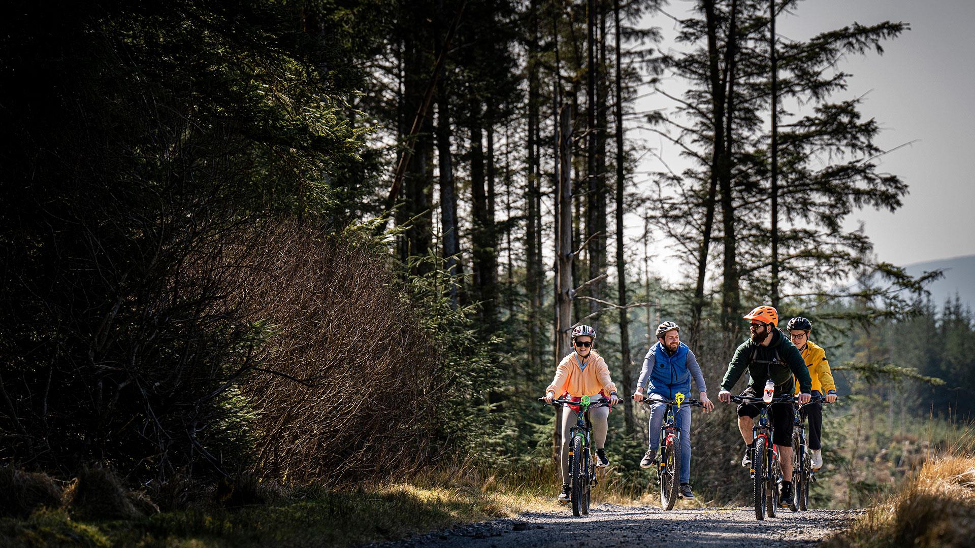 Group on electric bikes on a trail enjoying the Electric Escape experience with Corralea Adventure Centre