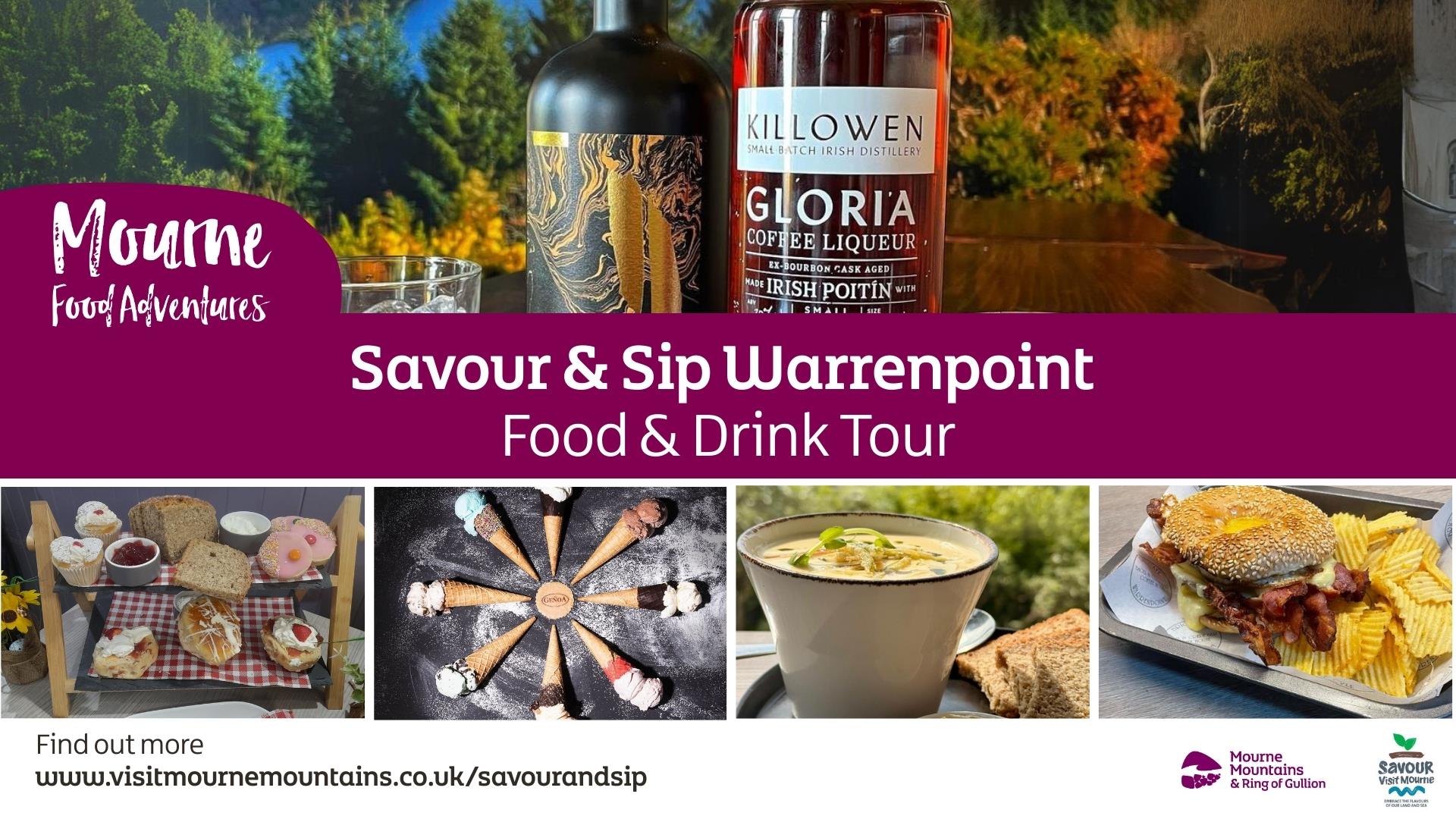Promotional poster for the Savour & Sip Warrenpoint (Food & Drink Tour), featuring bottles of local spirits, artisan food including sandwiches, soups,