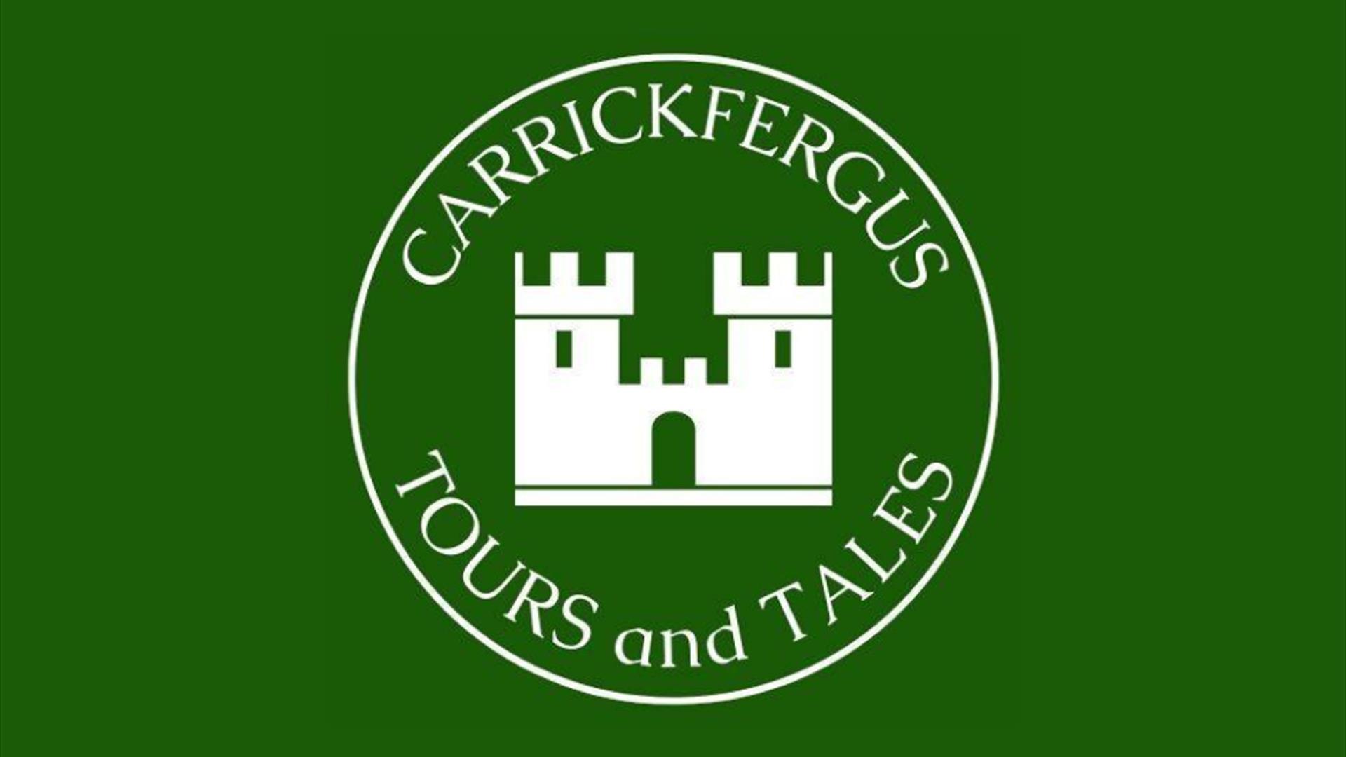 Logo got Carrickfergus Tours and Tales with green background and castle in the centre