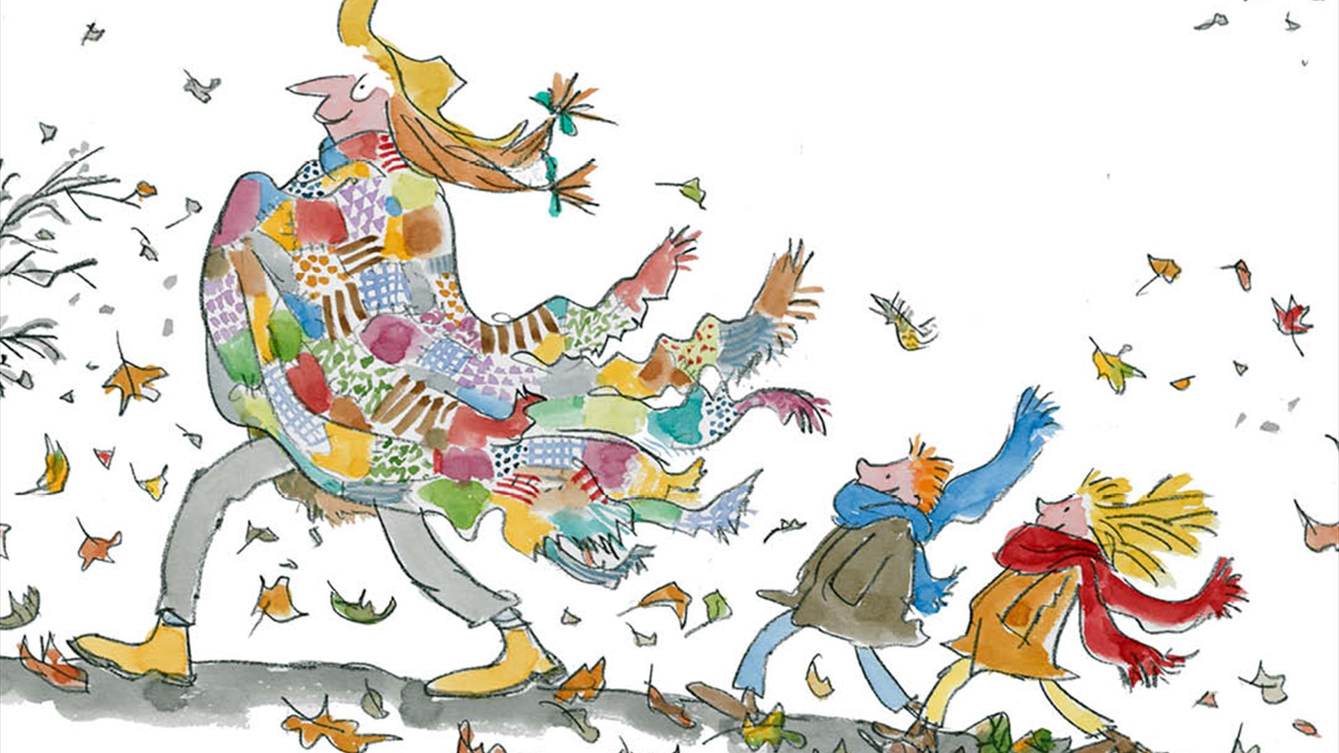 © Quentin Blake 2023. All rights reserved. Quentin Blake illustration of a man in a colourful coat and two children walking through autumn leaves.