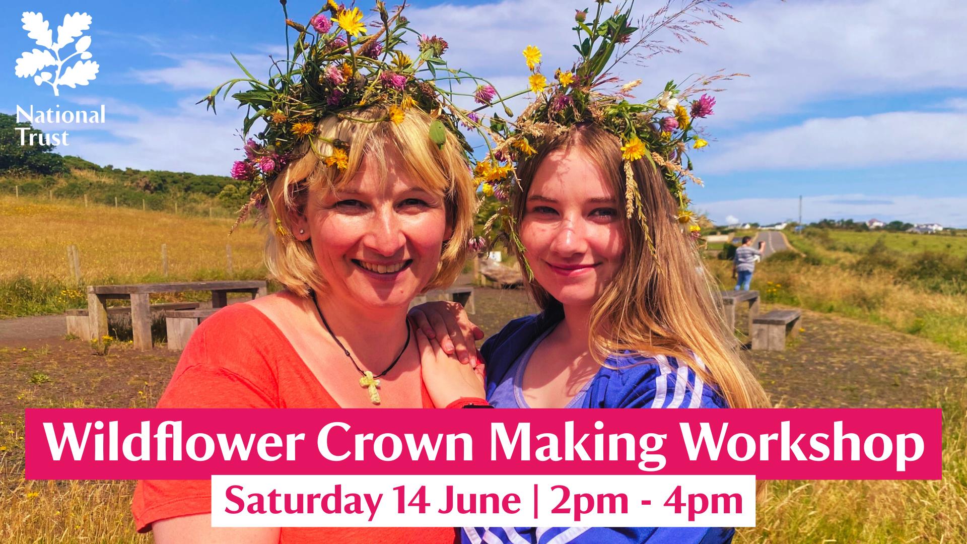 A mother and daughter wearing colourful, vibrant wildflower crowns
