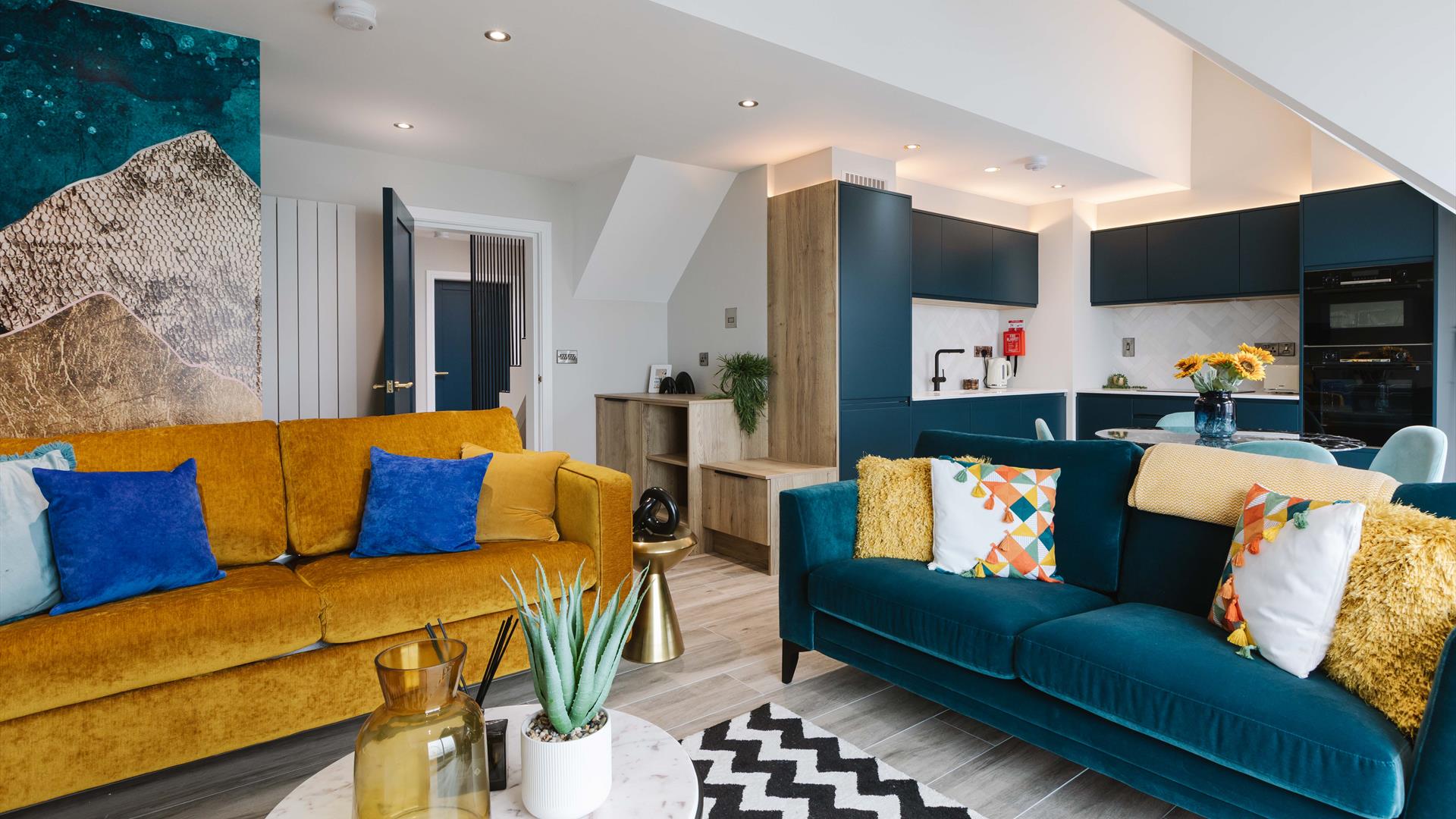 interior of open plan kitchen, dining and living area at DB Stays 'The Lookout'