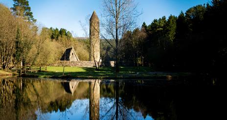 view of lake and historic tower