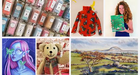 grid of 6 images showing products made by Midtown Makers members, including wax melts, child's fleece jacket, illustrated book, painting of fairy woma
