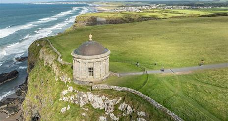 An aerial photograph of Mussenden Temple.
