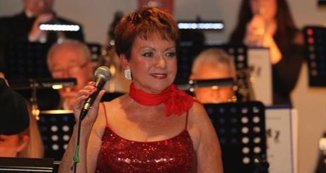 Jazz singer in red dress in holding microphone.