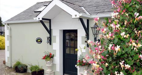 Images shows front door of cottage with hedge and flowers to the left of it.