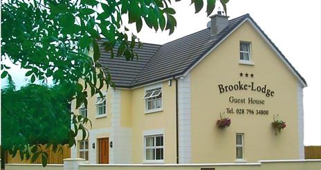 Outside of Brookelodge Guest House.  Yellow painted 2 storey detached house with wooden front door