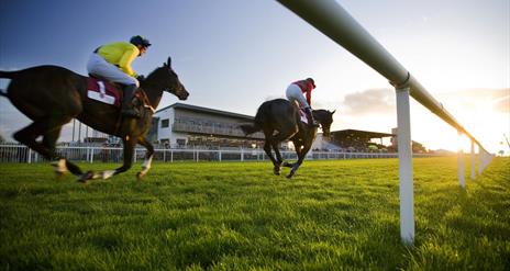 Image is of 2 horses and jockeys racing on the course