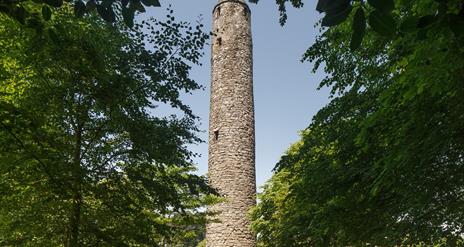 A tall thin old brick tower in a park with trees.