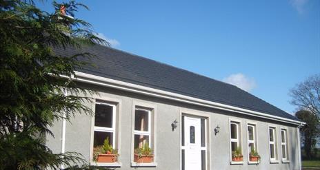 A single-story lodge with a tree and plant pots on the window ledges.