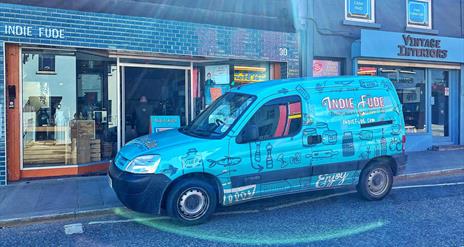 Branded van parked outside of Indie Füde store