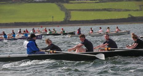 Number of rowers in rowing boats in the sea competing in a race, with shore in background