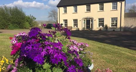 The exterior of the Rocks Bed and Breakfast, showing the garden and front of this traditional farm house.