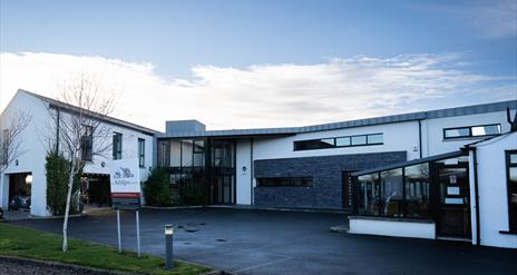 The exterior view of the front of the lodge.