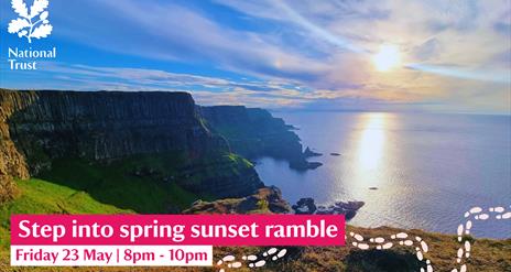 Picture taken from the Causeway cliffs at the beginning of  sunset. In the bottom right hand corner in white and pink writing, it states 'Step into sp