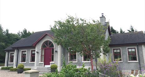 The front exterior of a B&B house with potted plants lining the front of the house and a garden with a tree and flowers.