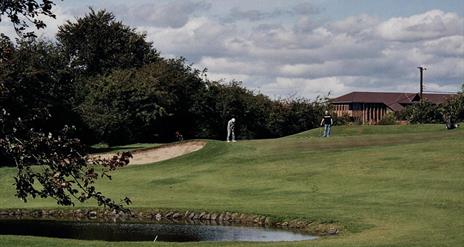 Men playing golf on a course with a pond and a sand bunker.