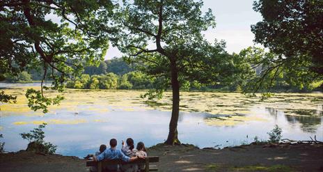 Family on a bench looking over the lake at Hillsborough Forest