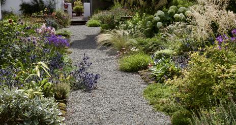 A gravel path leading to a cottage decorated with an abundance of flowers.